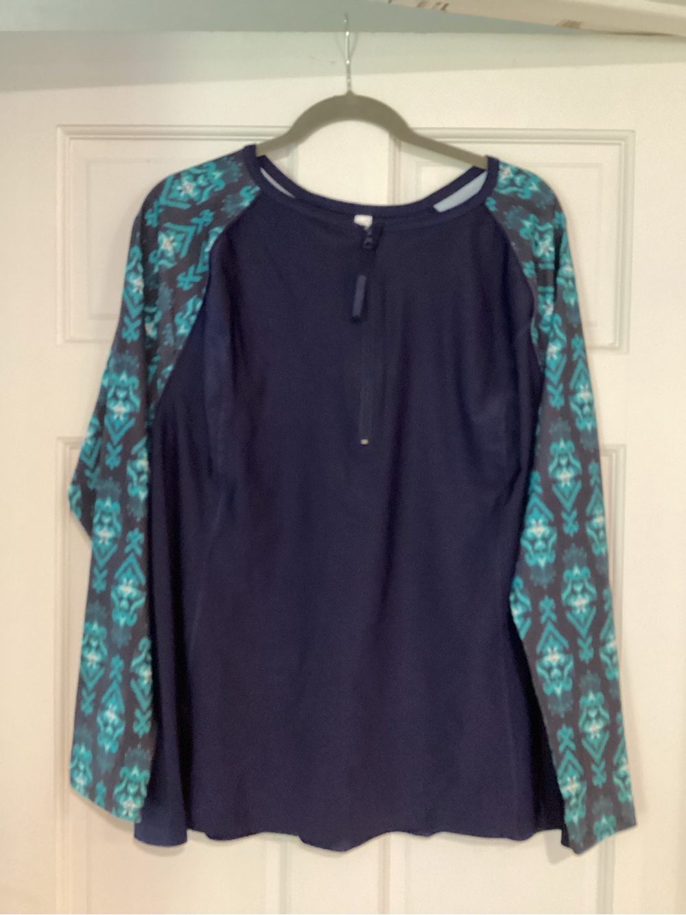 Cacique Navy Long Sleeve Top with Teal Patterned Raglan Sleeves